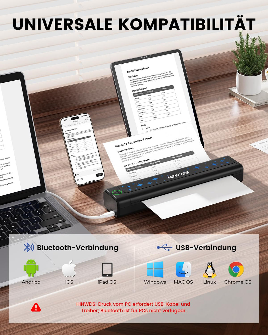 NEWYES Drucker, Tragbarer Thermodrucker für Geschäftsreisende und Studenten – Bluetooth Drucker für A4 Thermodruckpapier, Kompakt, Sofortiger Druck & Langlebiger Akku