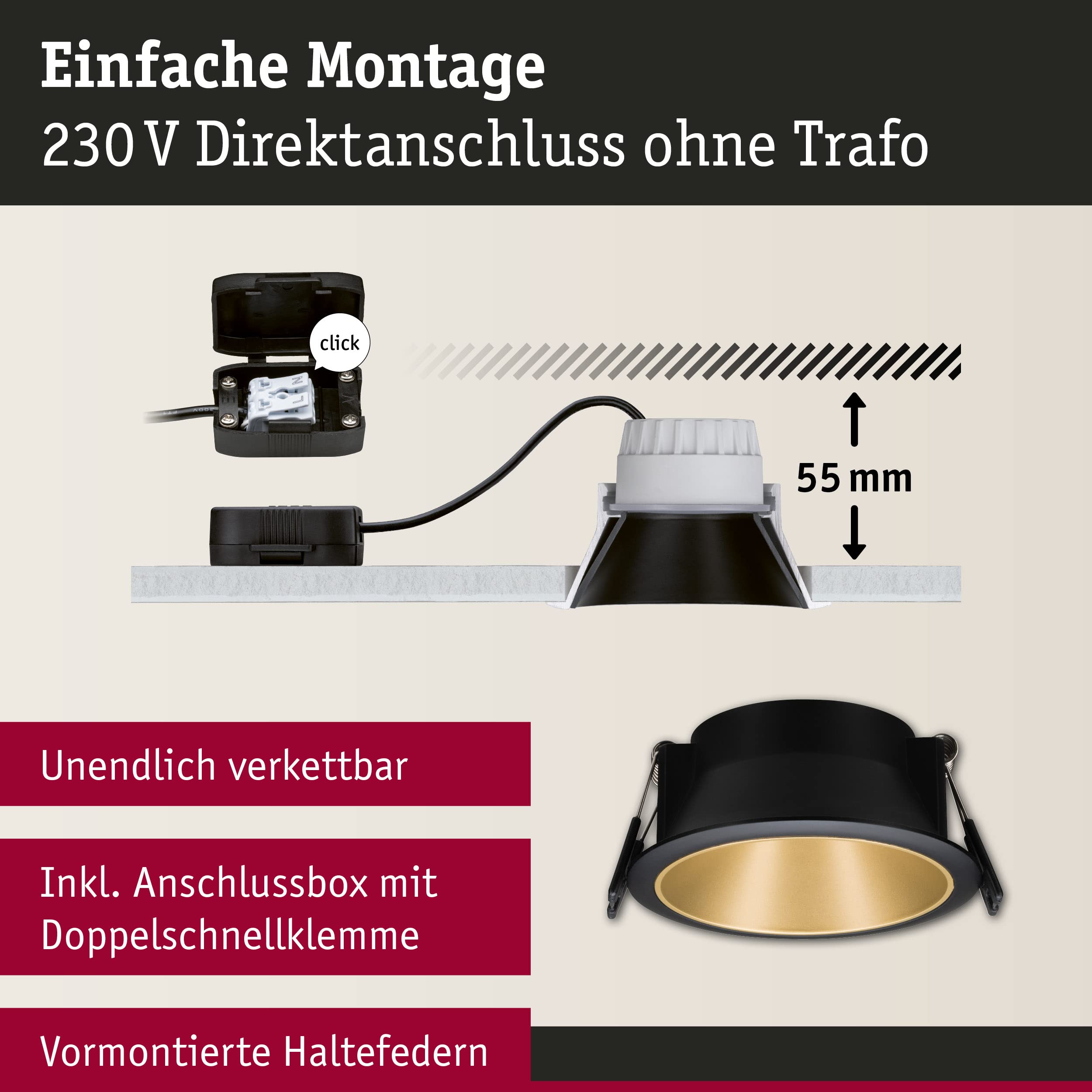 Paulmann 93404 LED Einbauleuchte Cole rund incl 3x6W dimmbar Einbaustrahler Schwarz, Gold matt Einbaulampe Kunststoff, Alu Zink Deckenspot 2700K