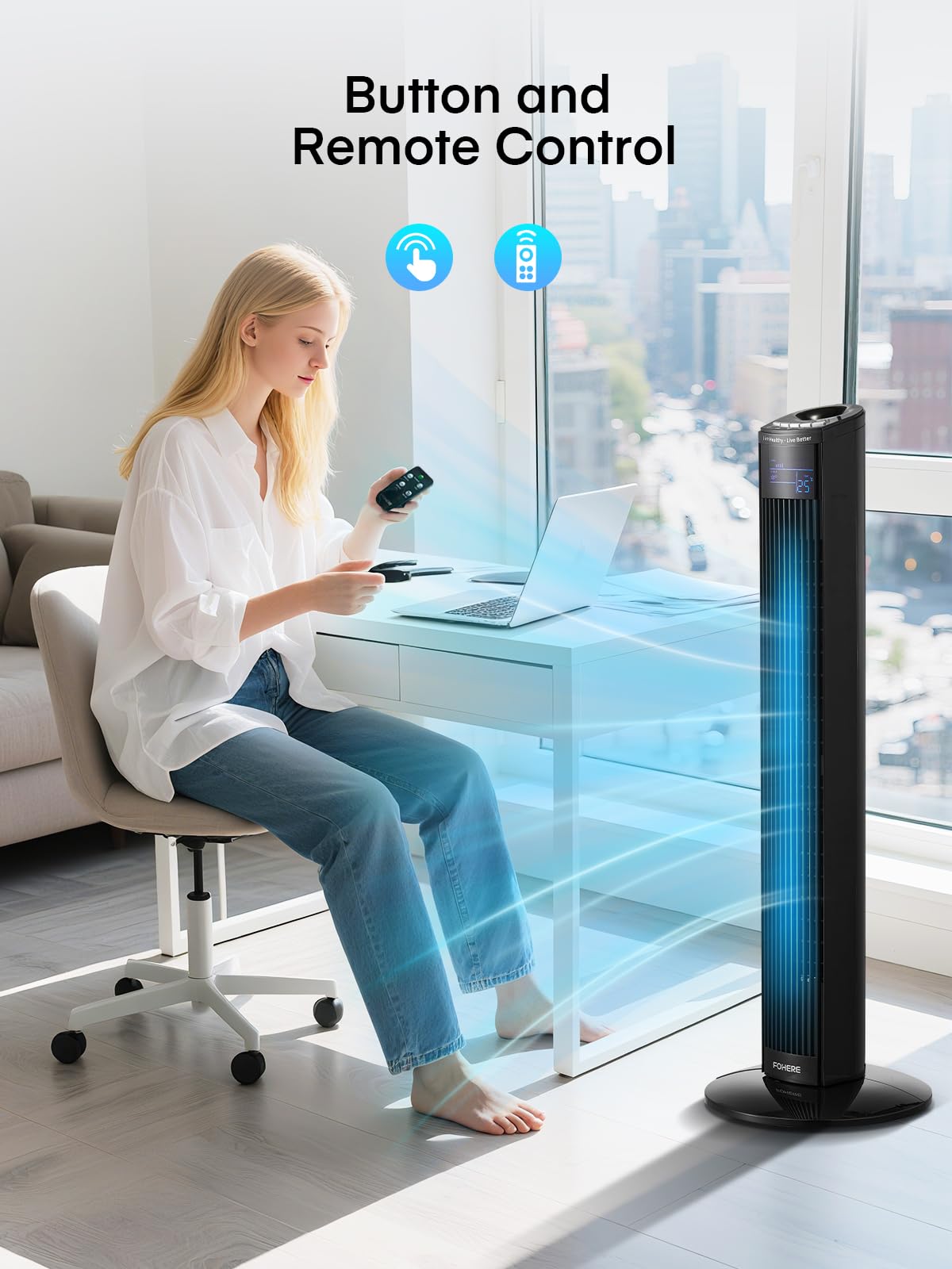 FOHERE Leiser Turmventilator, 91CM Oszillierender Stand Ventilator mit Kühlung Fernbedienung, 12-Stunden-Timer und Schlafmodus, Tragbarer Ventilator ohne Flügel für Schlafzimmer, Schwarz