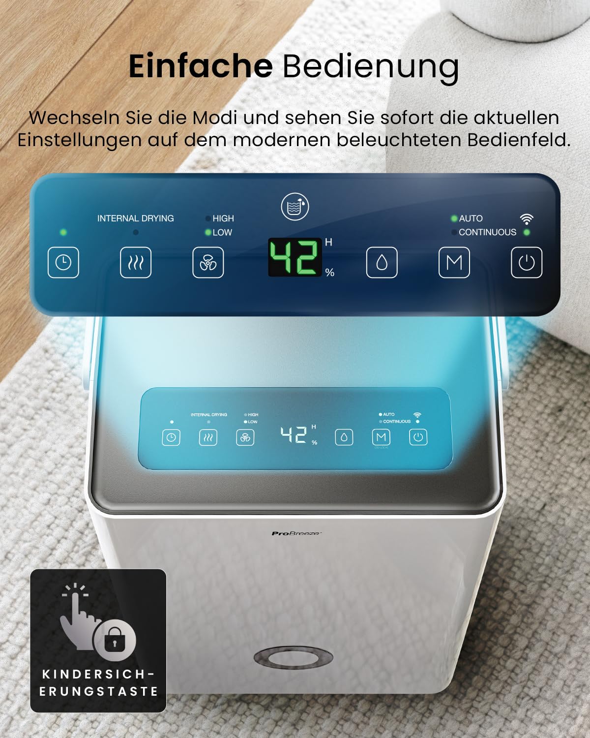 Pro Breeze Luftentfeuchter 30L in 24h Entfeuchtungsleistung - Elektrischer Luftentfeuchter mit WLAN & App - Feuchtigkeitssensor, 4L Wassertank, Timer, Ablaufschlauch - Gegen Feuchtigkeit, Schimmel