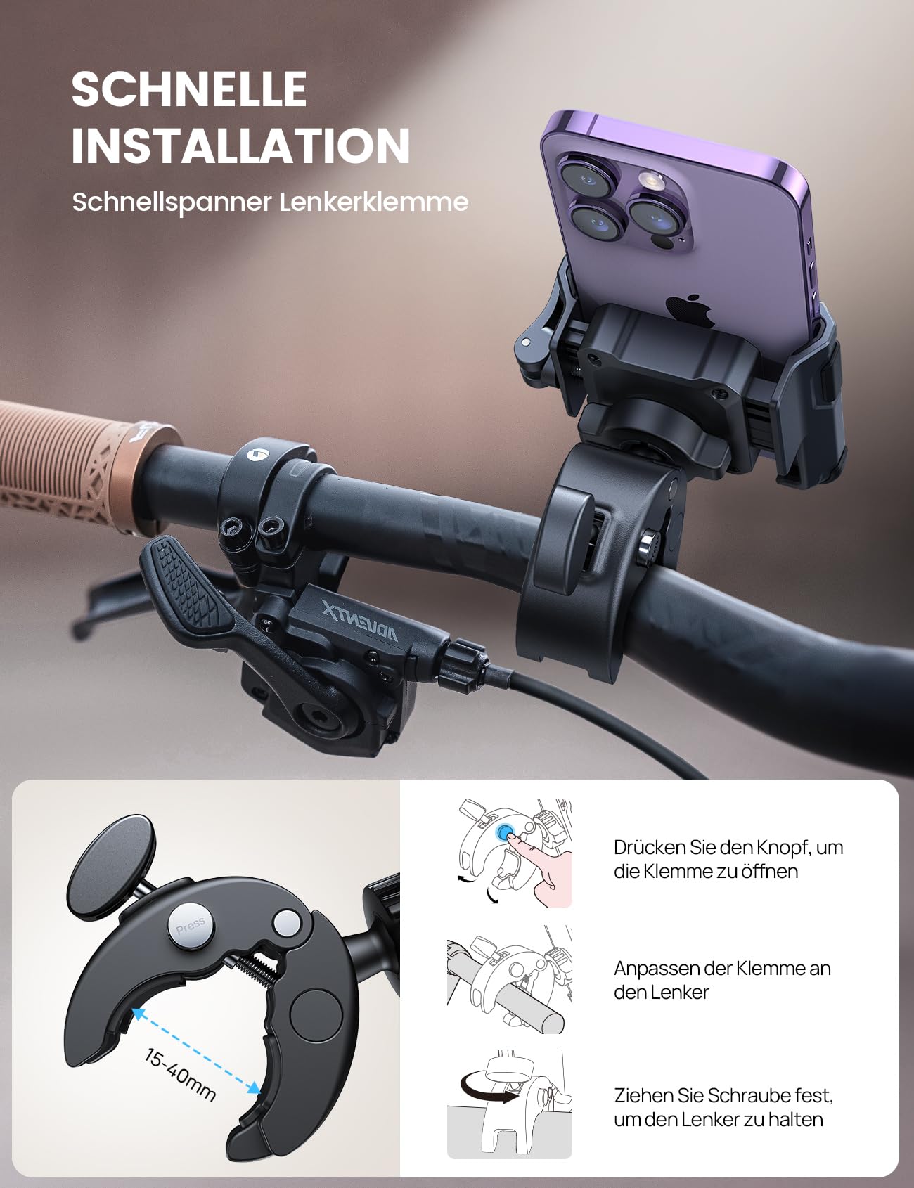Lamicall Handyhalterung Motorrad, Handyhalter Fahrrad - 【1s Schnellspanner】 Lenker Halter für Dreharbeiten, Universal Handy Fahrradhalterung für iPhone 17 16 15 14 13 Pro Max Plus, 4-7 Zoll Smartphone