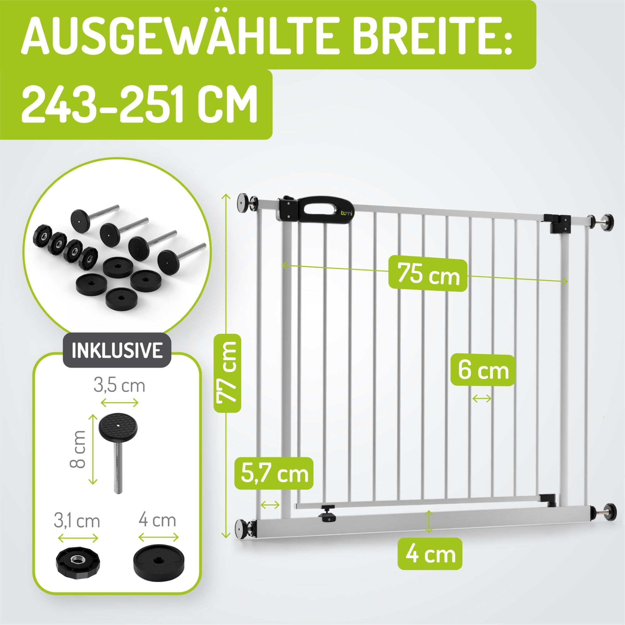 BOMI TÜV GS Siegel Türschutzgitter Gitter XXL Merle | Schließt automatisch | Hundeschutzgitter und Treppenschutzgitter Hund | Stiegenschutzgitter für Geländer und Treppe | Breite: 243-251 cm