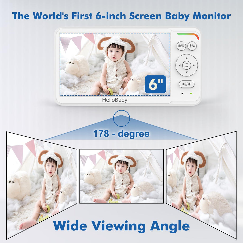 HelloBaby 6 Zoll Baby Monitor mit Kamera & Teilbild-Funktion, 4000mAh Akkulaufzeit, 355°/120° Schwenk & Neige, Nachtsicht, Kein WLAN, Temperaturalarm & Schlaflieder, ECO, Kein WLAN