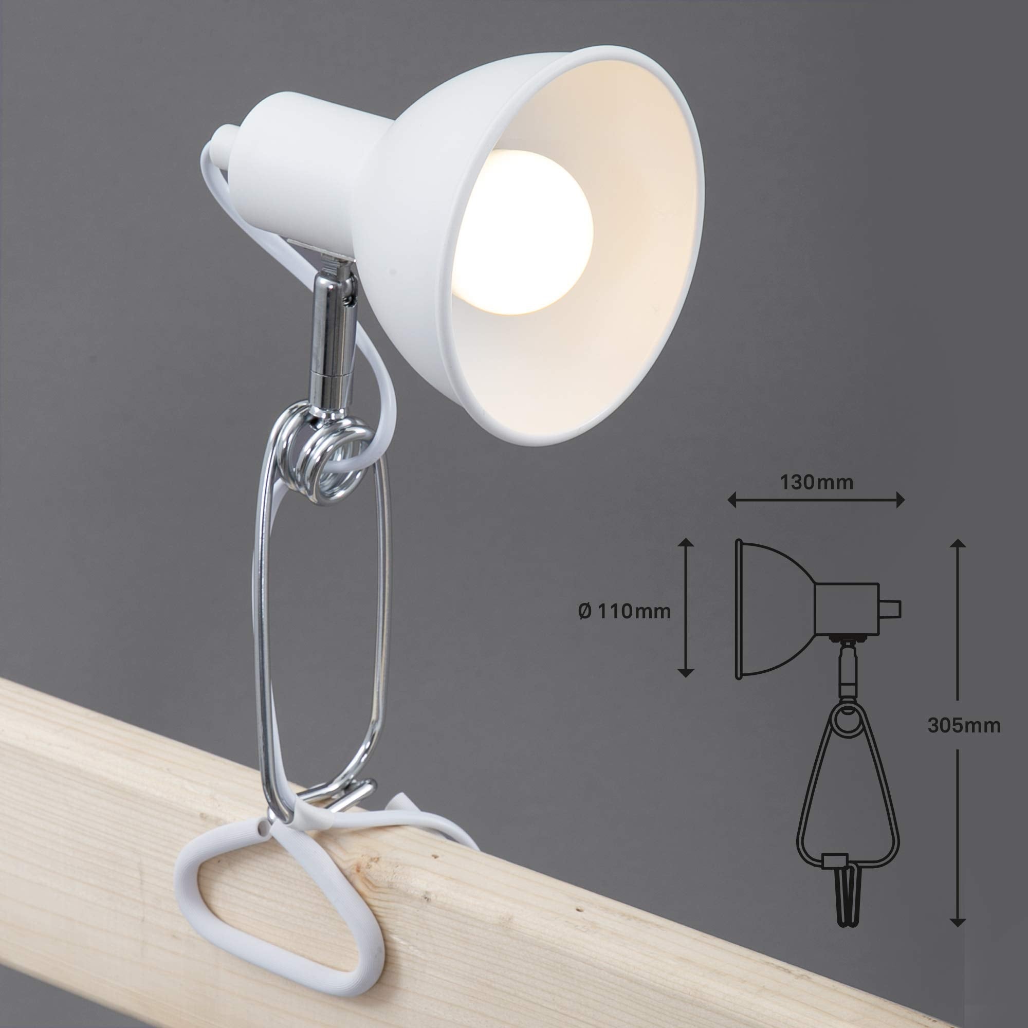 BRILONER - Schreibtischlampe mit Kabelschalter, schwenkbar, E14 Fassung, max. 8 Watt, Klemmlampe, Klemmleuchte, Nachttischlampe, Leselicht Kinder, Bürolampe, Leselampe Bett, 30,5x11x13 cm, Weiß