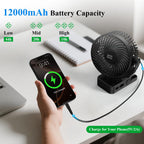 Minthouz USB Tischventilator leise mit 12000mAh Ventilator Akku – Tragbarer Clip-Ventilator mit Fernbedienung, Licht, Timer, 360° drehbar, 3 Stufen, 45 Std. Laufzeit – für Camping, Büro, Kinderwagen