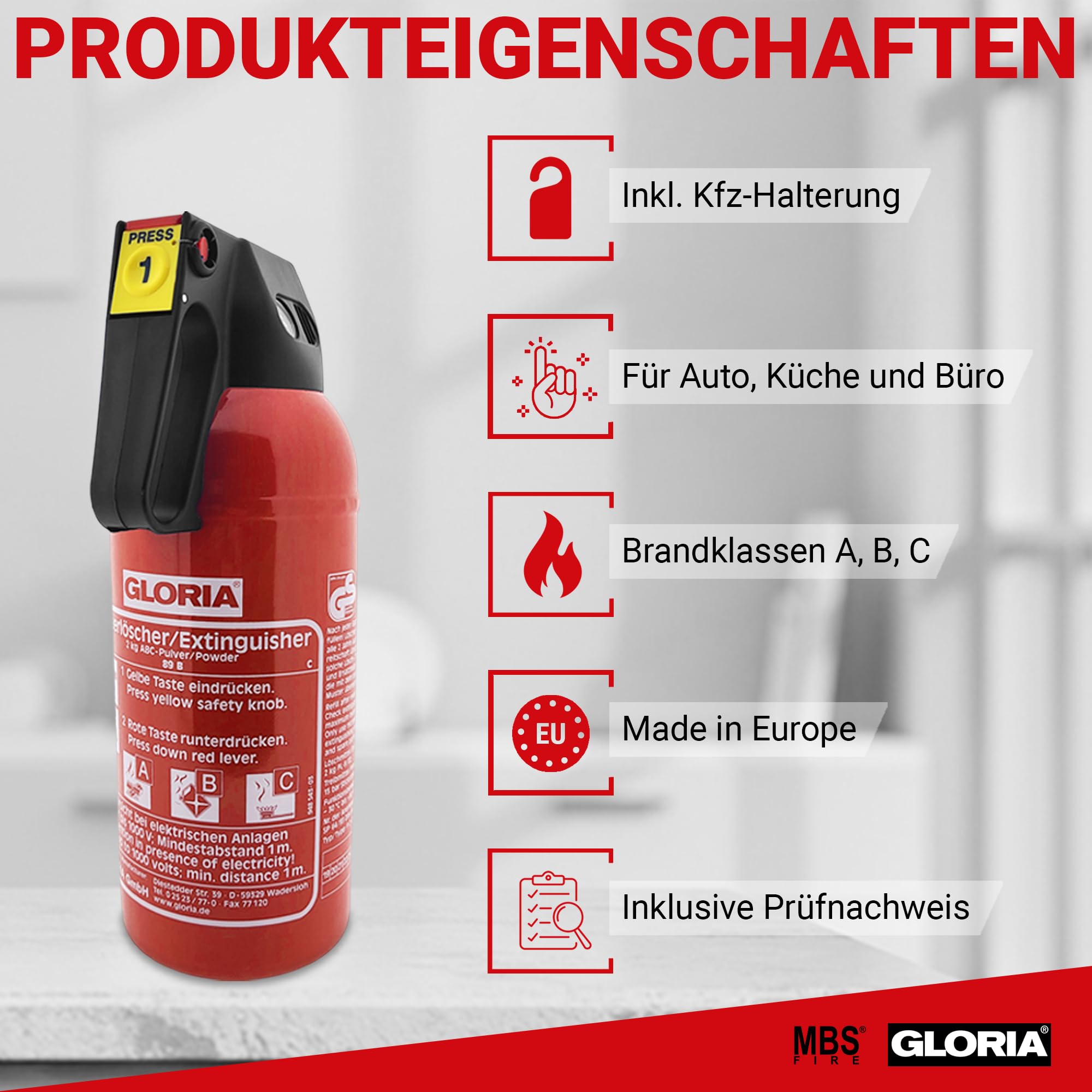 MBS FIRE 2x Gloria KFZ Auto-Pulverlöscher P2GM, 2kg Brandklasse ABC inkl. Halterung u. Plakette