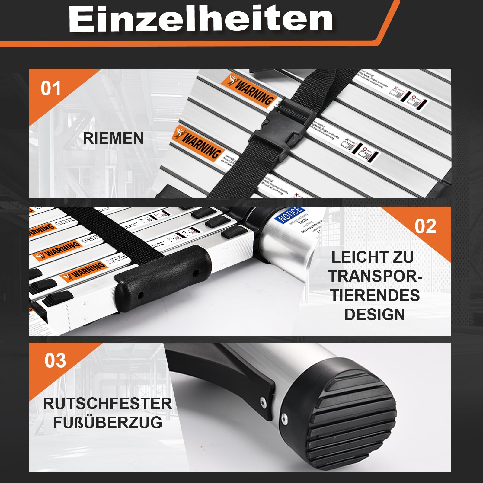 HBTower 3,8m Teleskopleiter Aluminium mit Haken, Leichte Ausziehleiter, Leiter Ausziehbar, klappbare Leiter für Dachböden, Caravans, 150kg Tragfähigkeit, Silber