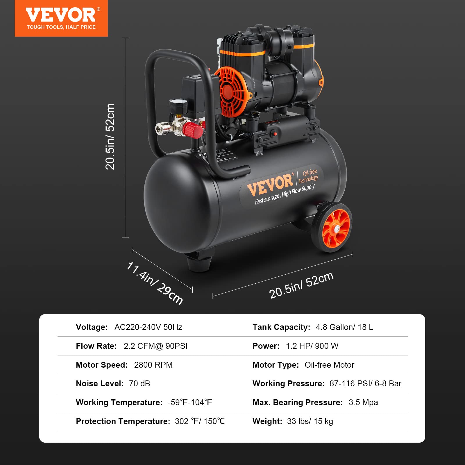 VEVOR Kompressor 18L Silent Druckluftkompressor 2800U/min, 900W (1,2PS) 3,5 MPa, Ölfreier 70dB Flüsterkompressor mit Rädern Druckbehälter 6-8Bar Autoreparaturen Sprühlackierung Holzarbeiten