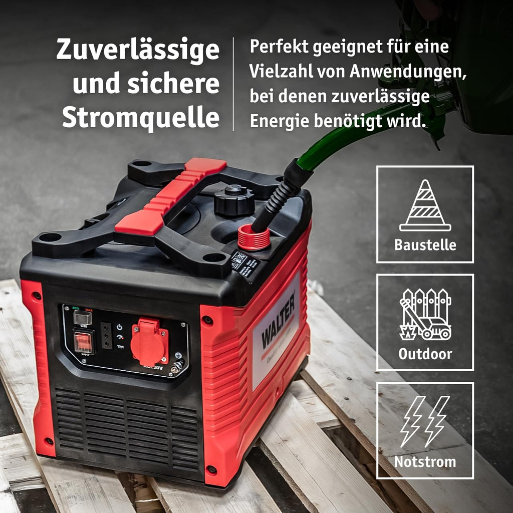 Walter Inverter Stromerzeuger 1000W, Benzin Notstromaggregat, ideal für Camping Reise Garage Wohnwagen Baustelle, WWS-IGS1000