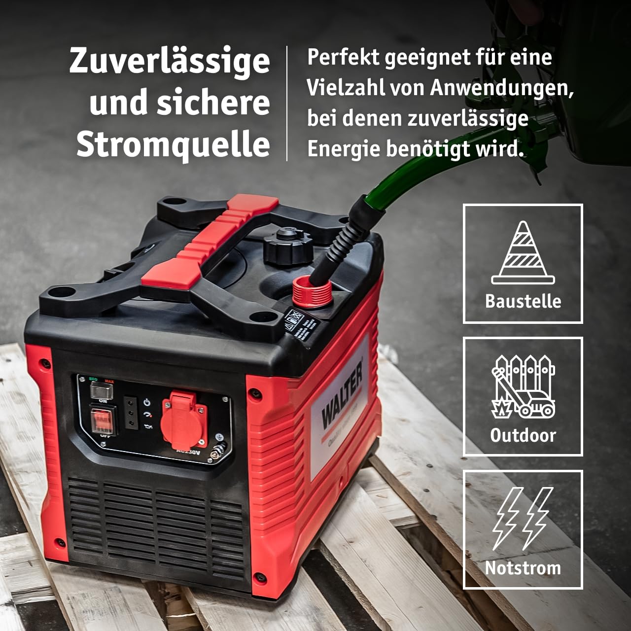 Walter Inverter Stromerzeuger 1000W, Benzin Notstromaggregat, ideal für Camping Reise Garage Wohnwagen Baustelle, WWS-IGS1000