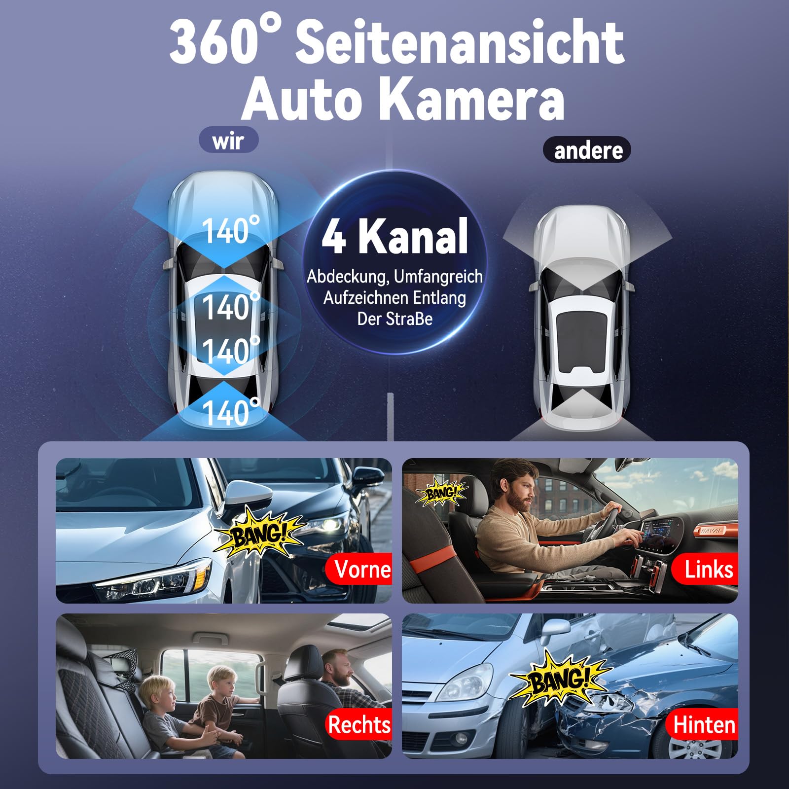 360° Dashcam Auto Vorne Hinten 4 Kanal Dash Cam Auto Kamera FHD 2K+1080Px3,4×140° Weitwinkel,WDR-Nachtsicht (8 IR-LEDs), 3" IPS Display,G-Sensor,24/7 Parkmodus,Loop-Aufnahme, inkl. 64GB SD-Karte, App