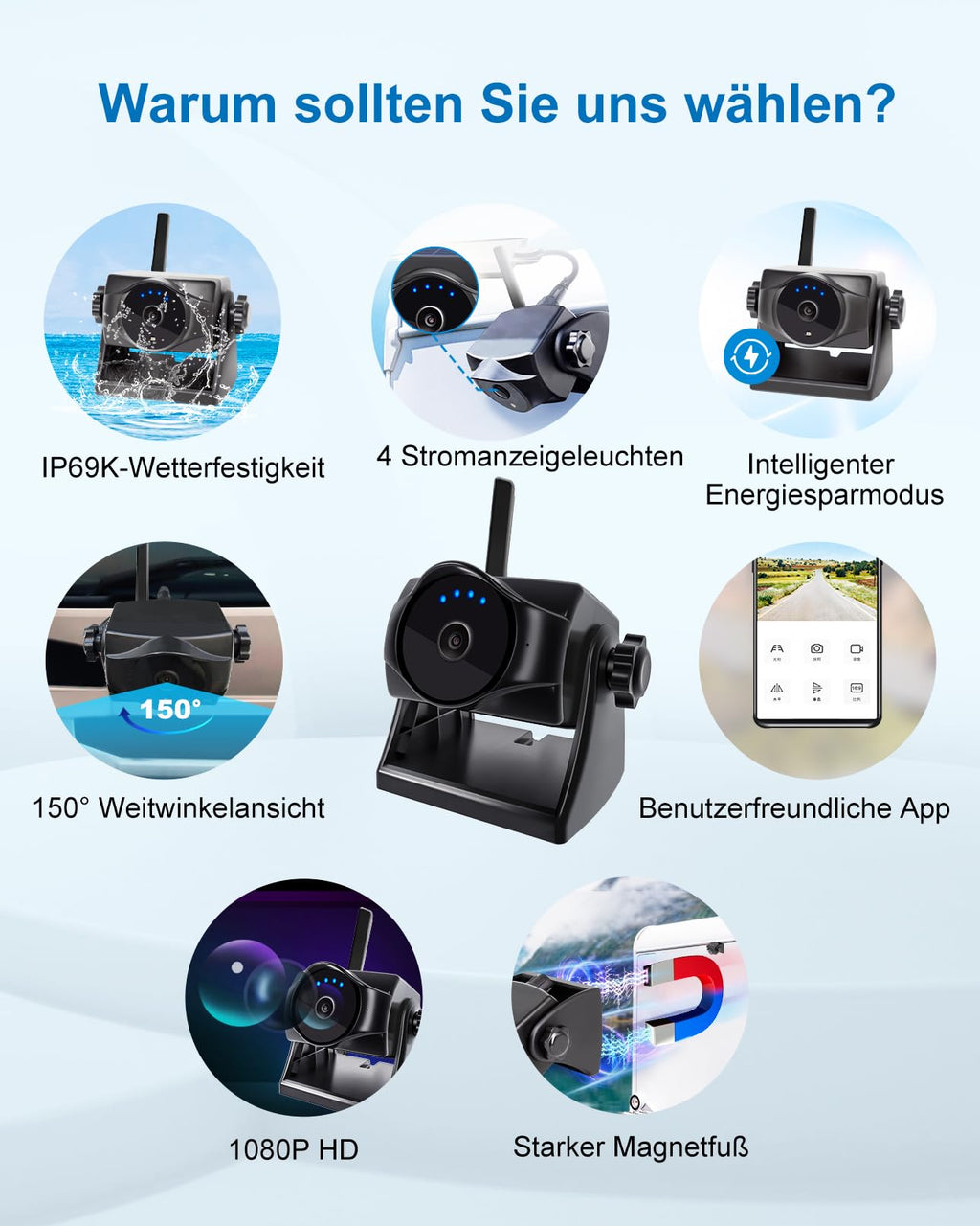 1080P Magnetische kabellose Rückfahrkamera, WiFi-Rückfahrkamera mit langlebigem Akku, 90 Tage Standby, Nachtsicht, IP69K, einfache Installation für LKWs, Anhänger, kompatibel mit Telefon, Pad