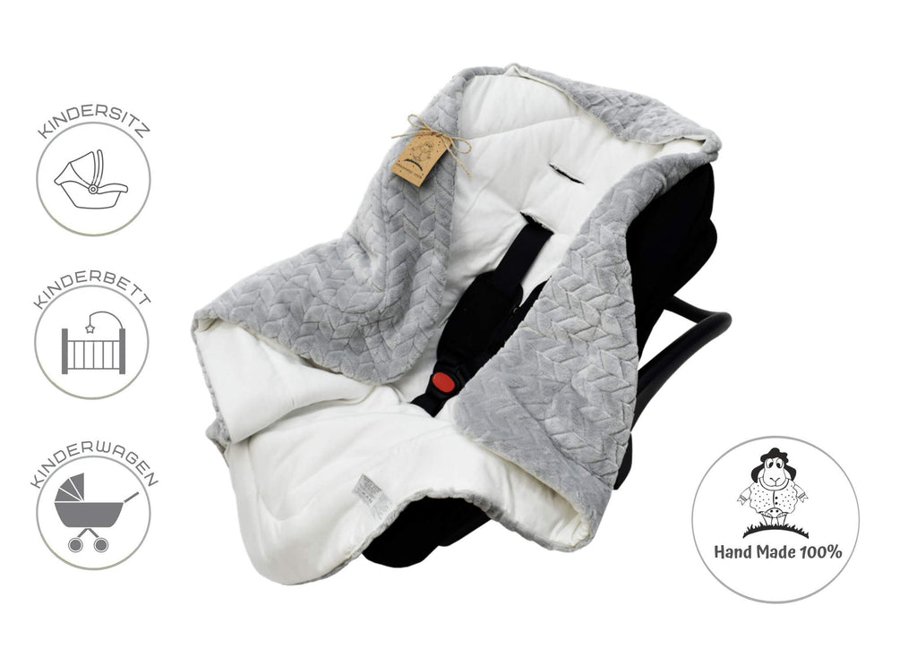 DANKA® Einschlagdecke für Babyschale, Kinderwagen, Kindersitze und Maxi Cosi - Baby Decke für Neugeborene, 80x80cm, mit Kapuze und Klettverschluss für Winter und Sommer, ganzjährig - Grau