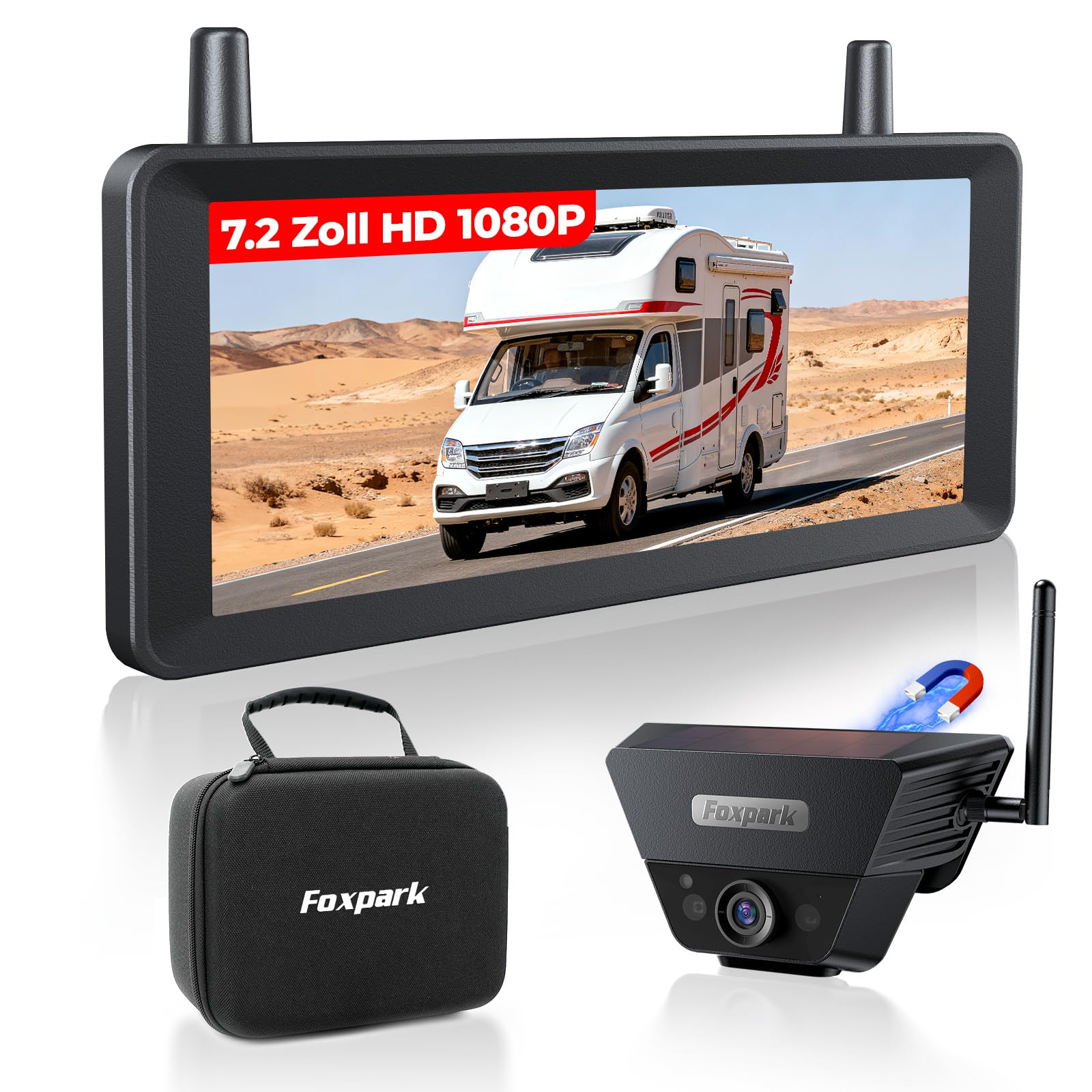 Solar Rückfahrkamera Kabellose 7,2 Zoll 1080P HD : Split Screen Monitor mit Starkem Signal Schnelle 1 Min Installation DVR Aufnahme Tragetasche Rückfahrkameras für Wohnmobil, LKW, Anhänger, Camper