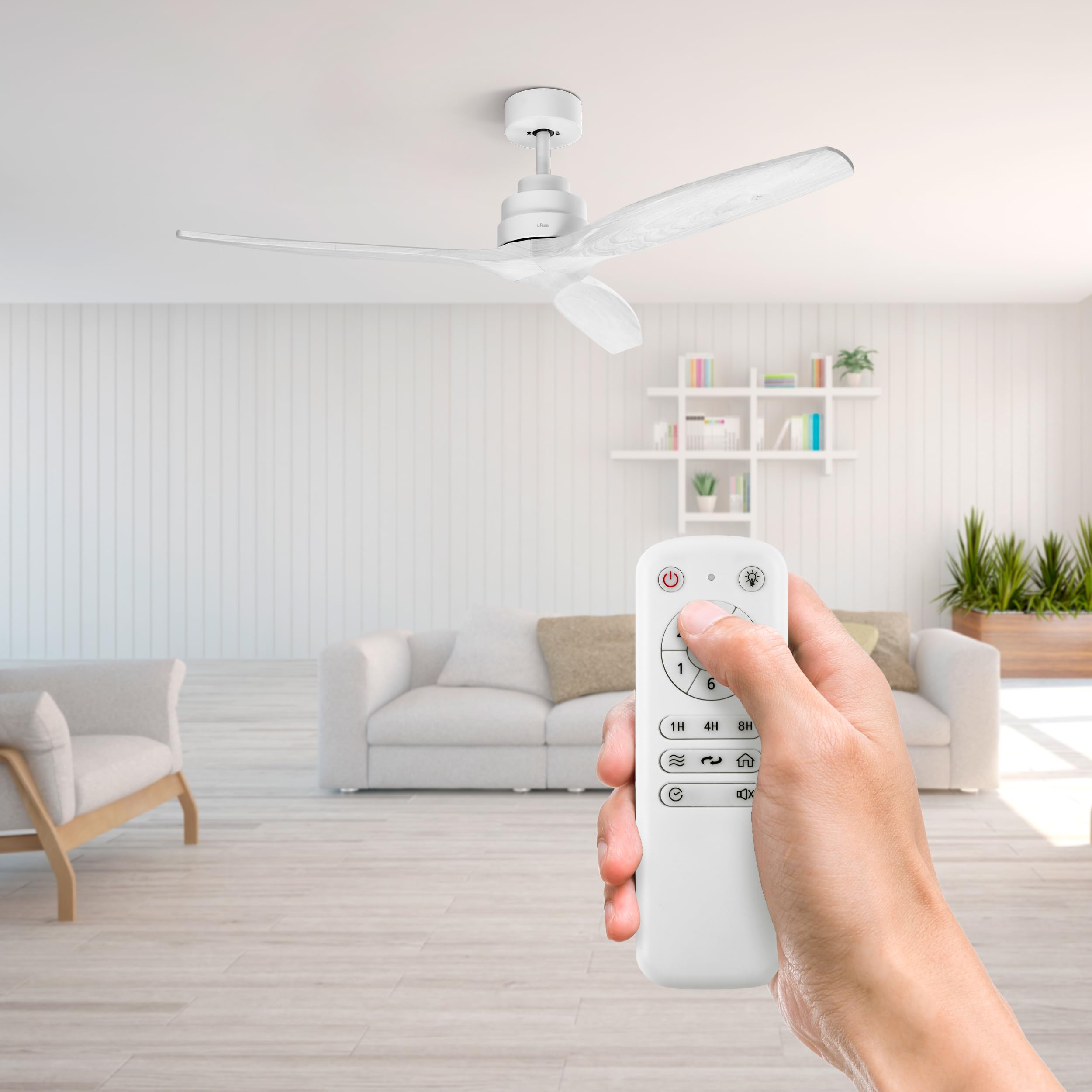 Ufesa Deckenventilator, 40W, 6 Geschwindigkeiten, Ultra Silent, 3 Naturholzflügel 132cm, Sommer - Winter Funktion, 8h Timer, Fernbedienung, Weiß