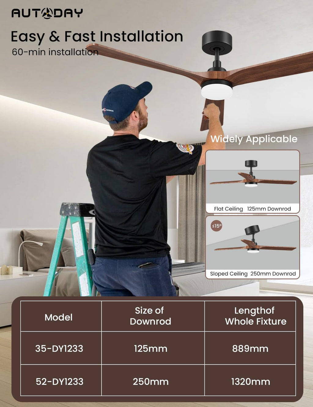 AUTODAY Holz Deckenventilator mit Beleuchtung leiser Gleichstrommotor 132 cm deckenventilator outdoor 3 hölzern flügel dimmbarem LED 24W fernbedienung mit Memory-Funktion 6 Geschwindigkeiten Timer