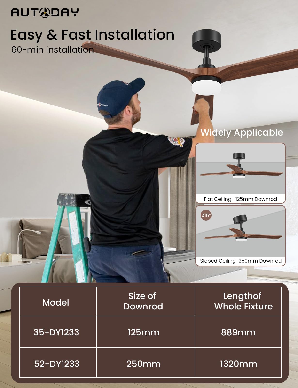 AUTODAY Holz Deckenventilator mit Beleuchtung leiser Gleichstrommotor 132 cm deckenventilator outdoor 3 hölzern flügel dimmbarem LED 24W fernbedienung mit Memory-Funktion 6 Geschwindigkeiten Timer