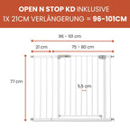 hauck Open N Stop KD + 21 cm Verlängerung, Weiß - Schutzgitter für Türen & Treppen, Breite Verstellbar 96-101 cm, 77 cm Hoch, ohne Bohren, für Kinder & Hunde, Einhändiges Öffnen in beide Richtungen