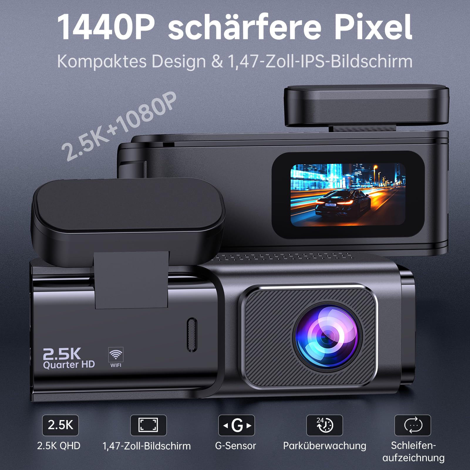 Dashcam Auto Vorne Hinten 2,5K + 1080P, Dash Cam mit WiFi, 32GB Karte, Dual-Autokamera mit 170 ° Weitwinkel, Super Nachtsicht, Auto Kamera mit Parküberwachung, G-Sensor, App-Steuerung, Loop-Aufnahme