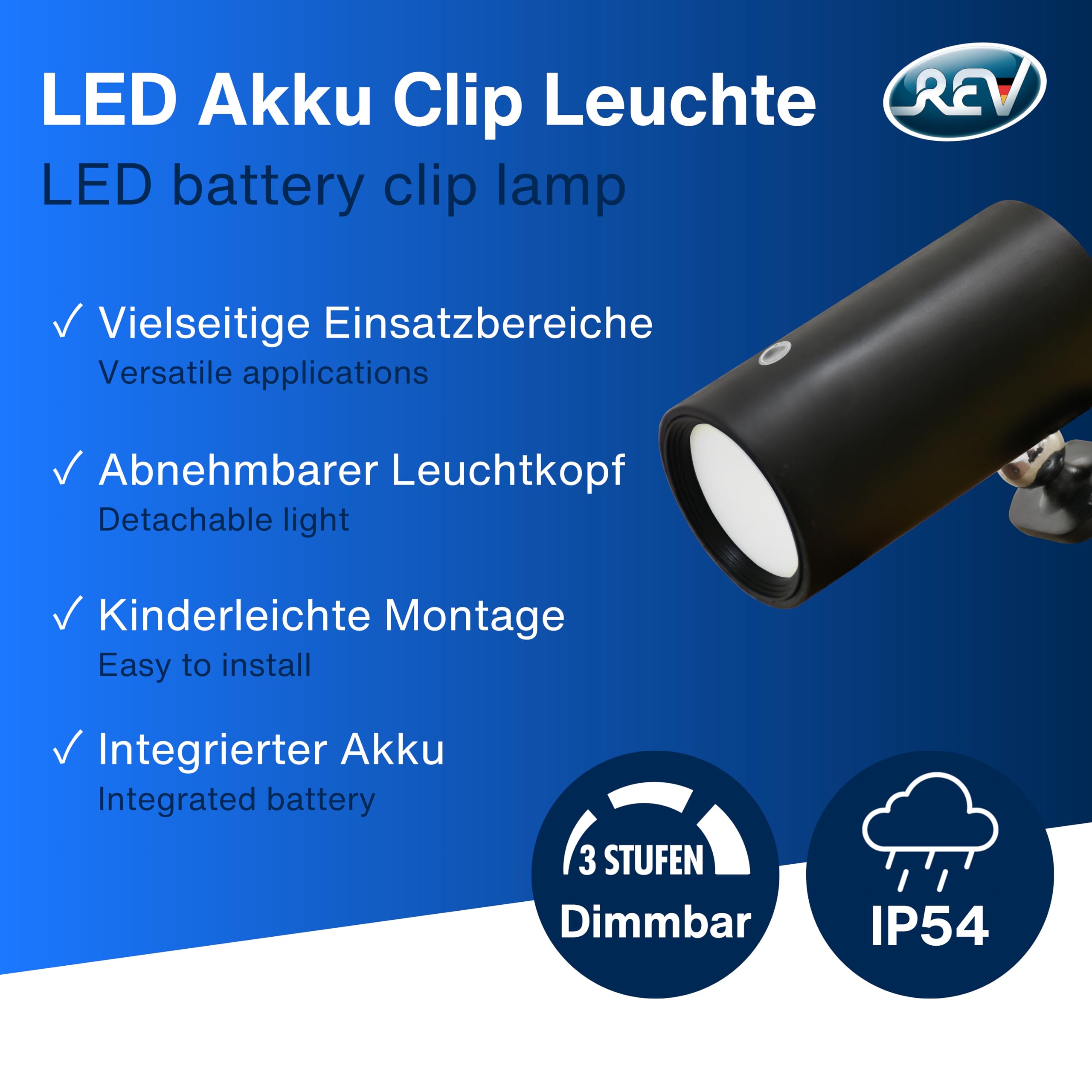 REV LED Wandlampe innen - Wandbeleuchtung mit Akku, 180lm, dimmbar, 360° drehbar, kabellose Leselampe - ideal für Flur, Schlaf- & Wohnzimmer, schwarz