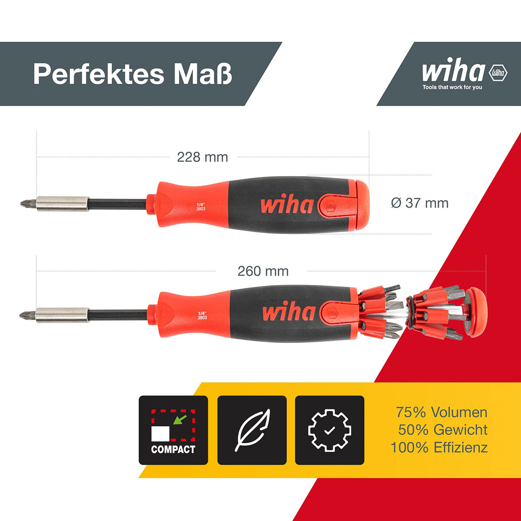 Wiha Schraubendreher mit Bit Magazin LiftUp 25 magnetisch gemischt mit 12 Bits, 1/4" (3803), Bits im Griff, langlebig, universell, Bitsatz, Bithalter, platzsparend, kompakt, stabil
