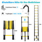 Joparri Aluminium Teleskopleiter mit Abnehmbarem Haken, 3.8M Ausziehbare Leiter, Rutschfester Aluleiter Stehleiter Mehrzweckleiter, Ausziehleiter Belastung 150 kg, Schwarz Gelb