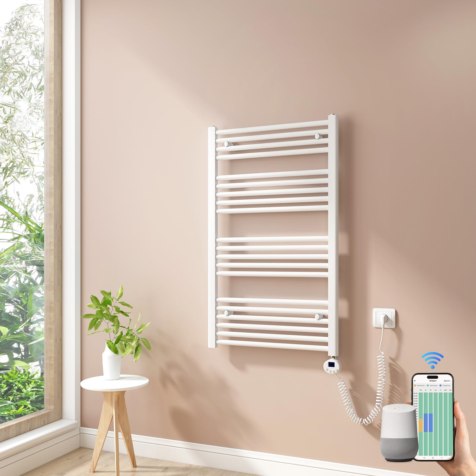 Heilmetz Smart WiFi Badheizkörper Elektrisch 100x60cm Elektrischer Handtuchtrockner mit Thermostat und Timer-Funktion Gerade Handtuchheizkörper Weiß 500W