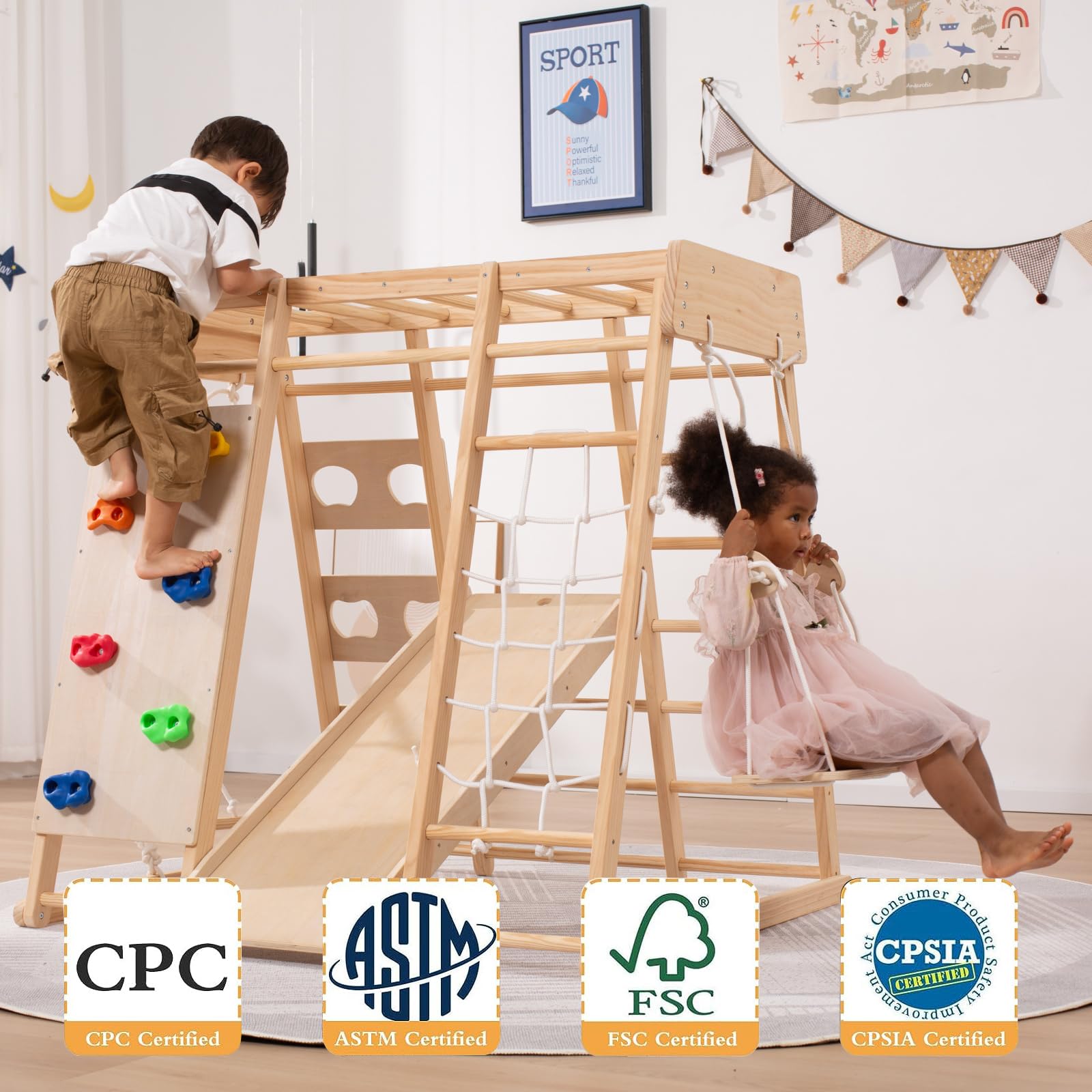 Giant bean 5-in-1 Montessori Kletterdreieck mit Kletterbogen und Rutsche, Holzdreieck für Kleinkinder ab 2-5, Indoor Kletterspielzeug, Regenbogen mit Griff (8 in 1)