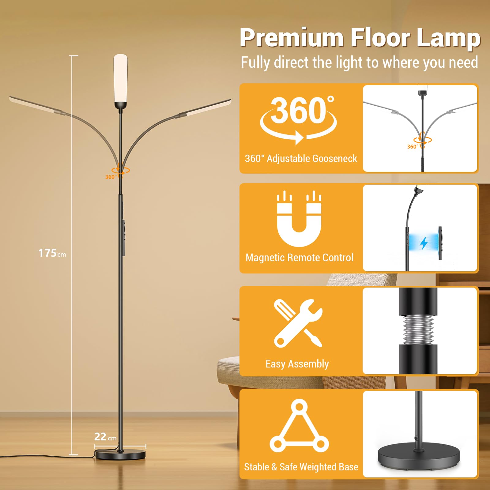 YICAIZI Stehlampe Wohnzimmer - 18W LED Dimmbar Stehende Lampe mit Fernbedienung, 1200Lumen Stehend Leselampe mit 4 Farbtemperaturen & 4 Helligkeiten für Schlafzimmer, Büro, Schwarz