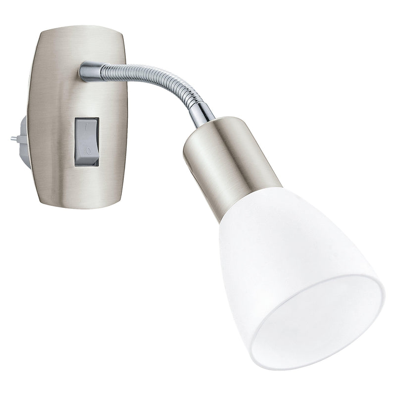 EGLO Steckdosenspot Dakar 3, Steckerleuchte, Steckdosenlampe aus Metall in Nickel-matt, Chrom und Kunststoff in Weiß, Lampe mit Schalter, E14 Fassung