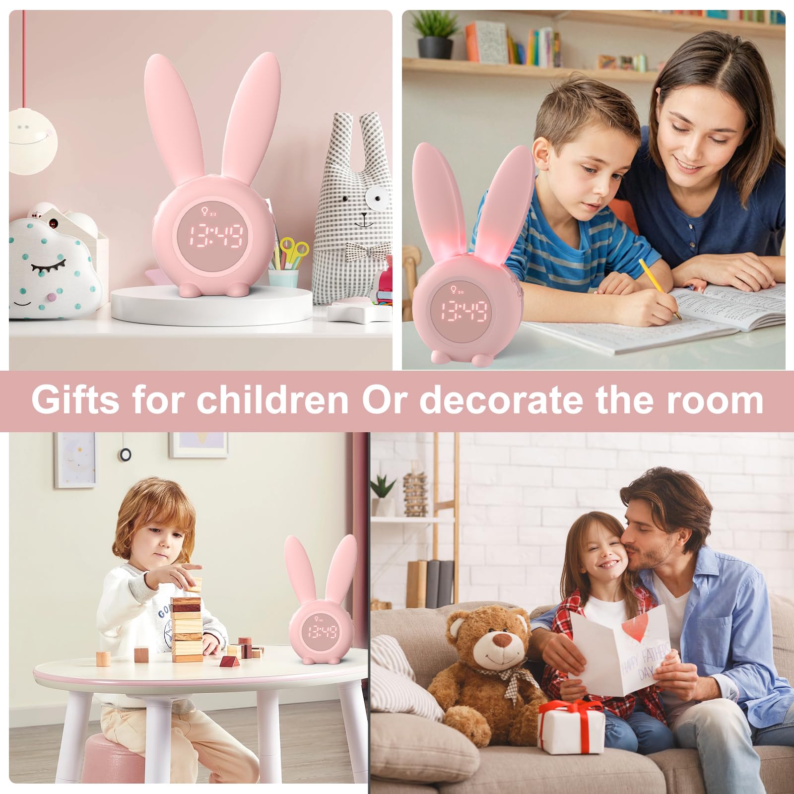 Homealexa Kinder Lichtwecker Cute Rabbit Kinderwecker Creative Nachttischlampe Snooze-Funktion, zeitgesteuertes Nachtlicht, Kindertagesgeschenk für Kinder, Mädchen (Pink)