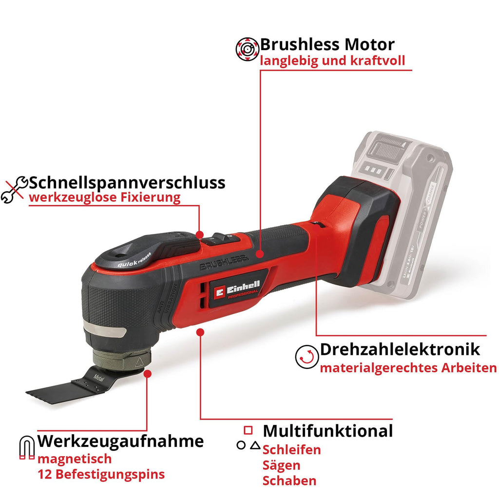 Einhell Professional Akku-Multifunktionswerkzeug TP-MG 18 Li BL-Solo Power X-Change (18 V, 3 Funktionen, magnetische Werkzeugaufnahme, inkl. Zubehör, ohne Akku)