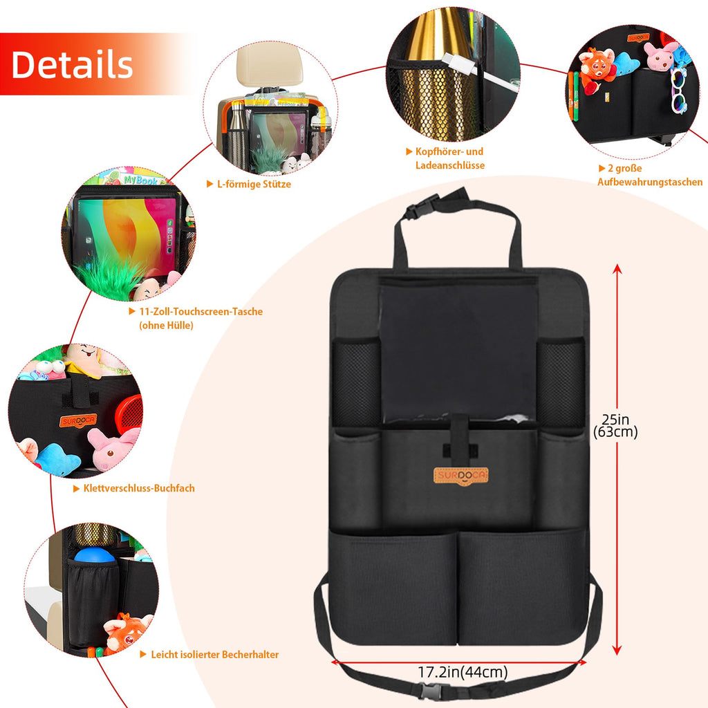 SURDOCA Autositz-Organizer – 4th Generation verbesserter Auto Rücksitz für bis zu 11-Zoll Tablet, 8 Taschen, Kinderspielzeug-Aufbewahrung, wasserdichter Rücksitzschutz für Kinder