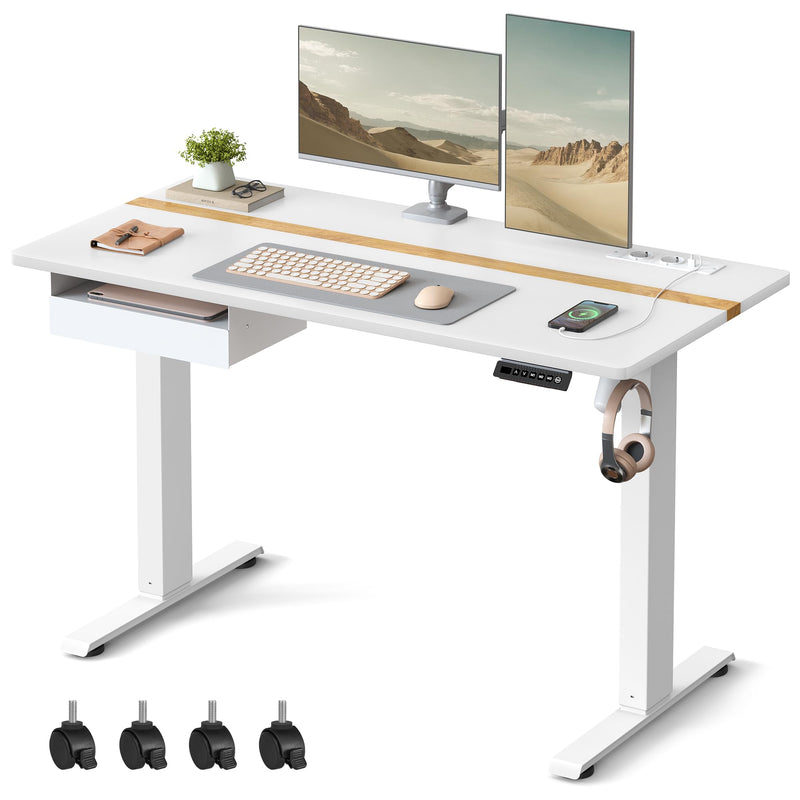 VASAGLE Höhenverstellbarer Schreibtisch elektrisch, 120 x 60 cm Tischoberfläche, Memory-Funktion mit 4 Höhen, mit Steckdosen und Stoffschubla, wolkenweiß-golichenfarben LSD112W01