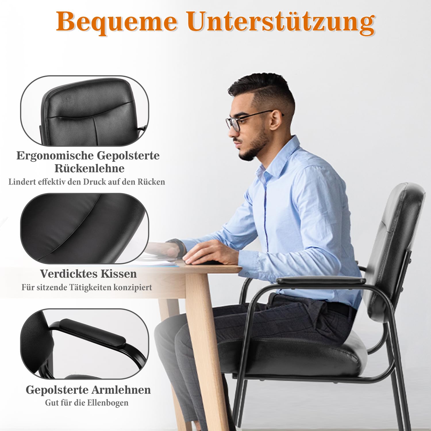 DUMOS edx Wartezimmer-Gästestühle 2er Set mit gepolsterten Armlehnen, Schreibtischstuhl aus PU-Leder, ohne Rollen, mit Lendenwirbelstütze und Metallrahmen, für Büro, Konferenzlobby