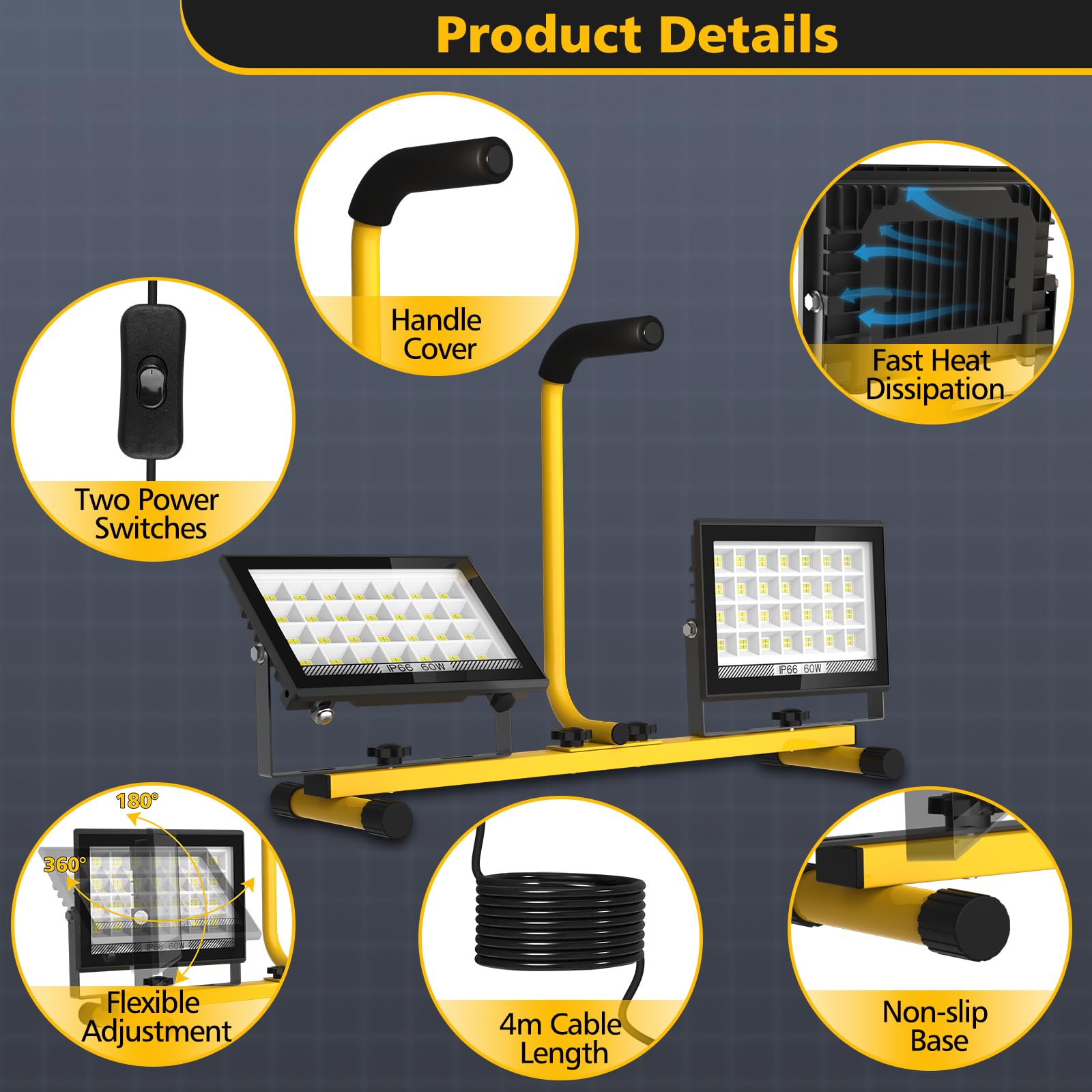 T-SUN 2x60W LED Baustrahler mit Stecker, 11000LM Baustellenstrahler mit 4M Kabel, IP66 Wasserdicht Arbeitsleuchte Baulampe, 6000K Kaltweiß LED Bauscheinwerfer für Baustelle, Werkstatt oder Keller