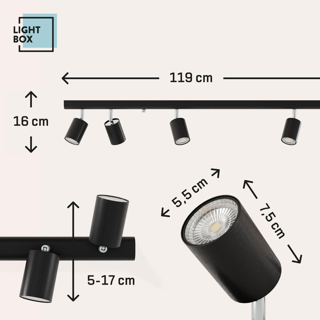 Lightbox Deckenlampe LED 6 flammig | Decken-Strahler mit schwenkbaren Spots | Lampe für Wohnzimmer, Küche oder Schlafzimmer (innen) | 6 x GU10 Fassung | aus Metall in Schwarz