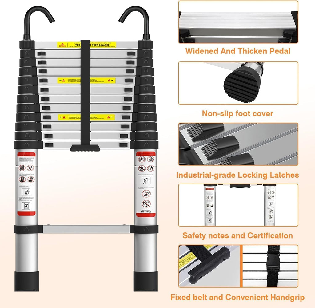5-Meter-Metall-Teleskopleiter mit Haken – ausziehbar, widerstandsfähig und tragbar für Höhenarbeiten, Haushalts- und Gewerbegebrauch