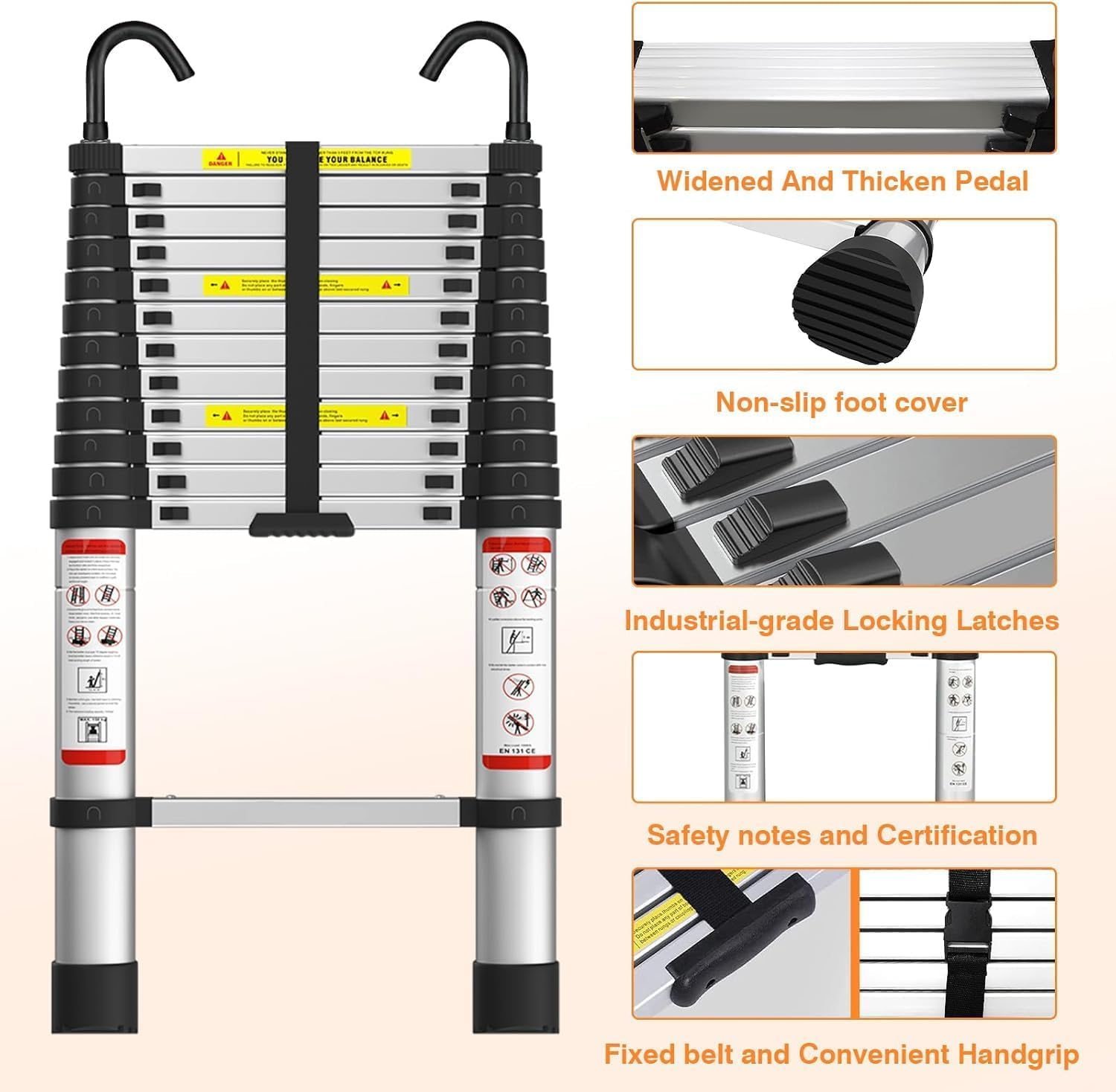 5-Meter-Metall-Teleskopleiter mit Haken – ausziehbar, widerstandsfähig und tragbar für Höhenarbeiten, Haushalts- und Gewerbegebrauch