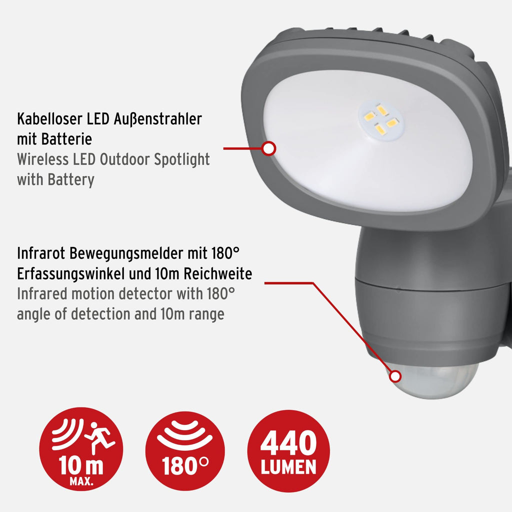 Brennenstuhl Batterie LED Strahler LUFOS/Kabelloser LED Außen-Strahler mit Batterie und Bewegungsmelder (mit 8 Marken LEDs, 440 Lumen, für außen IP44, mit zusätzlicher Funktionseinstellung)