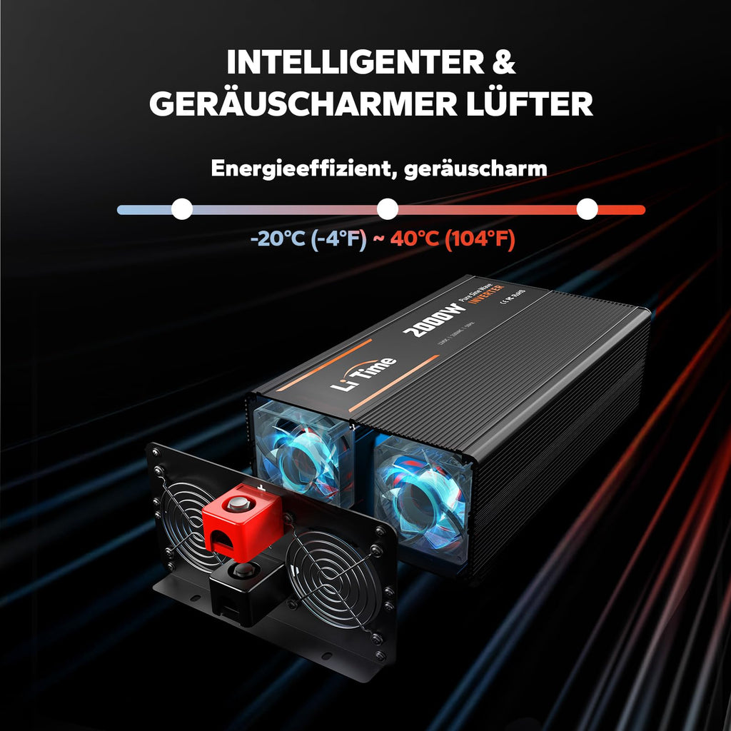 LiTime 2000W Reiner Sinsuswellen Wechselrichter, 12V DC auf 230V AC Konverter, mit Fernbedienung, 4000W Spitzenleistung, 2*AC Ausgängen, USB-Anschluss, Typ-C-Anschluss für Womo, Camping, Solarstrom