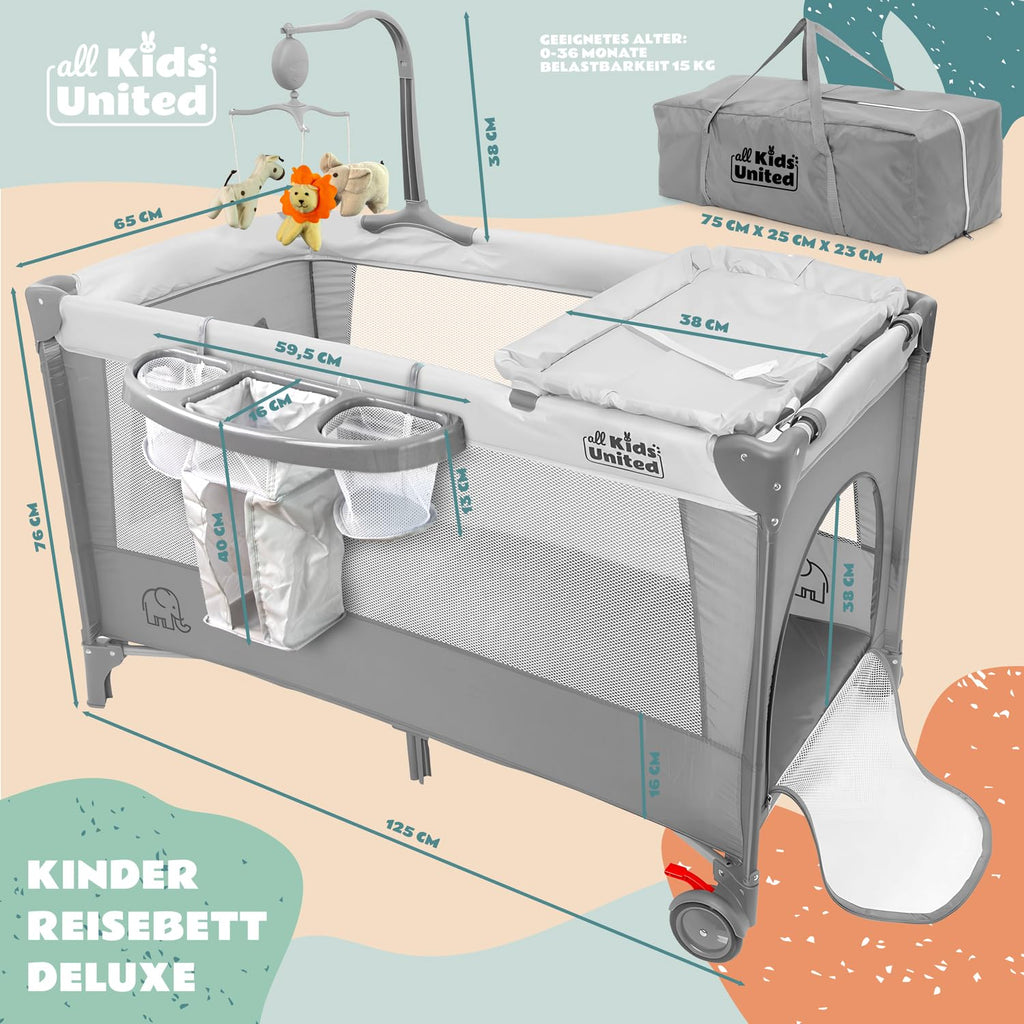 all Kids United® Baby Reisebett Babybett - Babycenter Kinderreisebett Kinderbett mit Matratze, Wickelauflage, Musikspiel und Mobile (Grau)