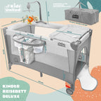 all Kids United® Baby Reisebett Babybett - Babycenter Kinderreisebett Kinderbett mit Matratze, Wickelauflage, Musikspiel und Mobile (Grau)