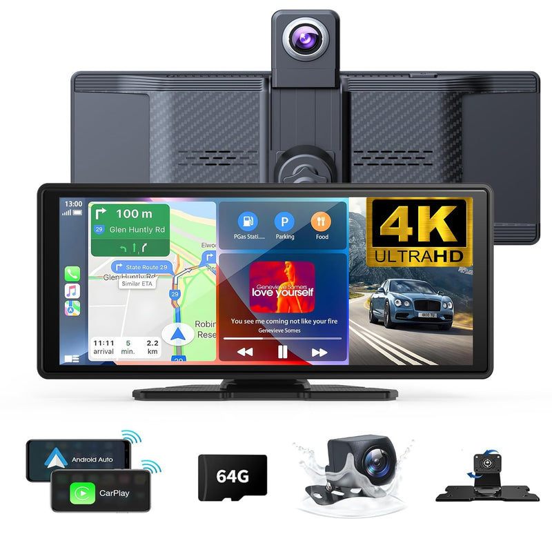 10.26" Wireless Carplay Screen 360 Rotation 4K Dash Cam Carplay/Android Auto Auto Stereo Auto Audio Empfänger mit 1080p Backup Kamera GPS Navigation/Spiegel Link/Sprachsteuerung/Siri