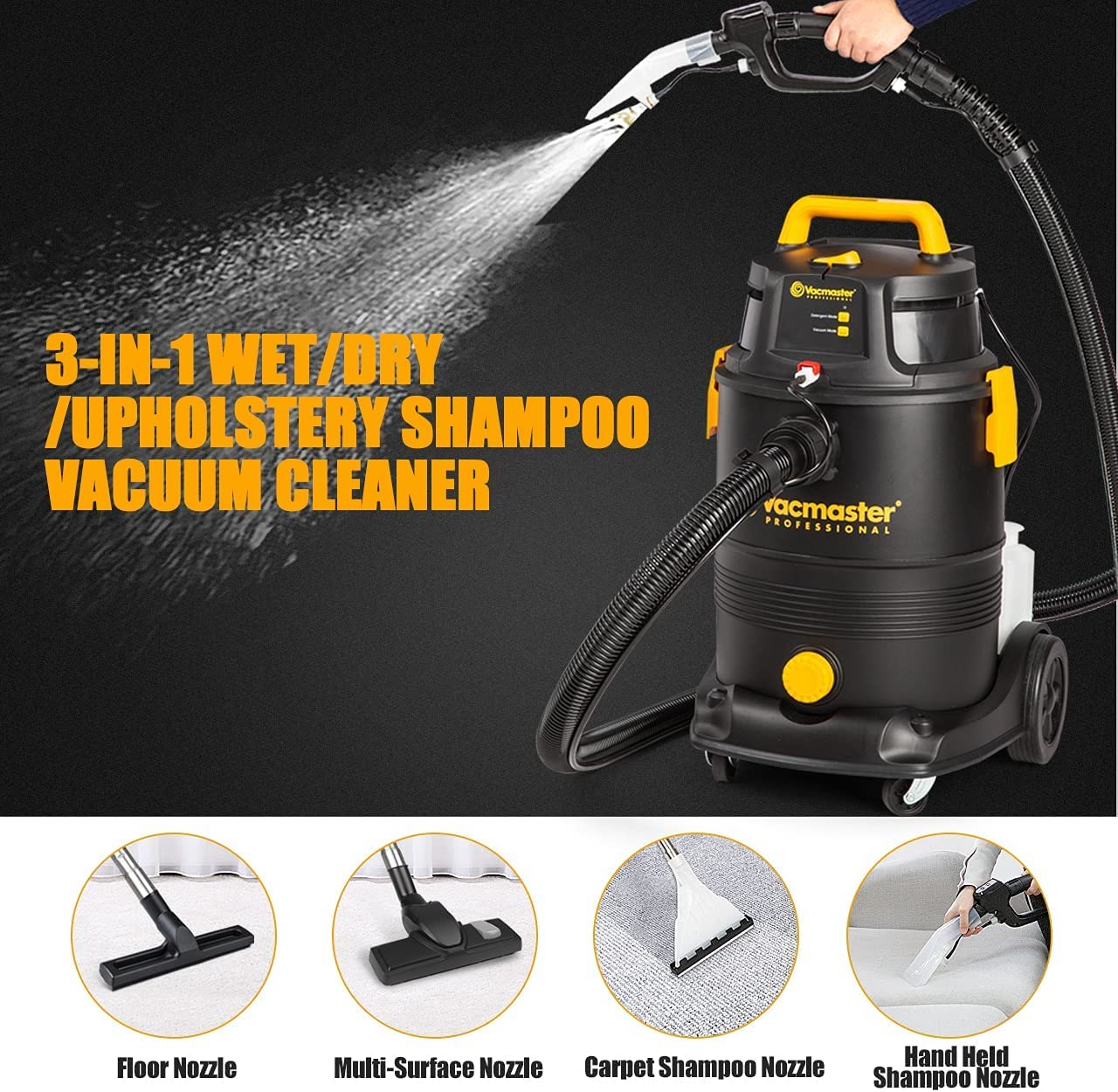 Vacmaster VK1330PWR 1300W 30L 3-in-1 Waschsauger Nass Trockensauger mit Dual-Tank-Design Bodenreiniger Für Hartböden Teppiche,Teppich-Reinigungsmaschine