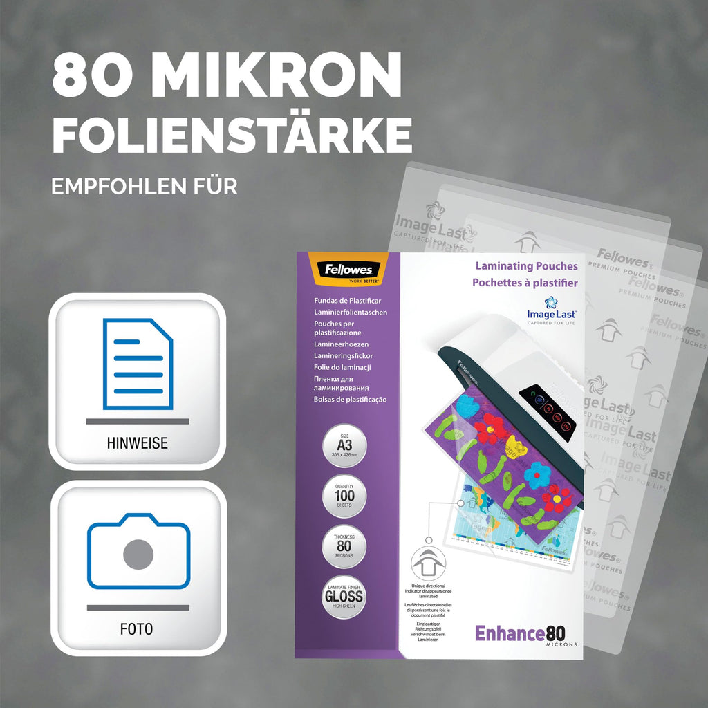 Fellowes Laminierfolien A3 ImageLast, 80 Mikron (2 x 80 Mikron), 100 Stück, transparent mit Ausrichtungshilfe. Ideal für Fotos und Informationshinweise mit optimalem Kontrast