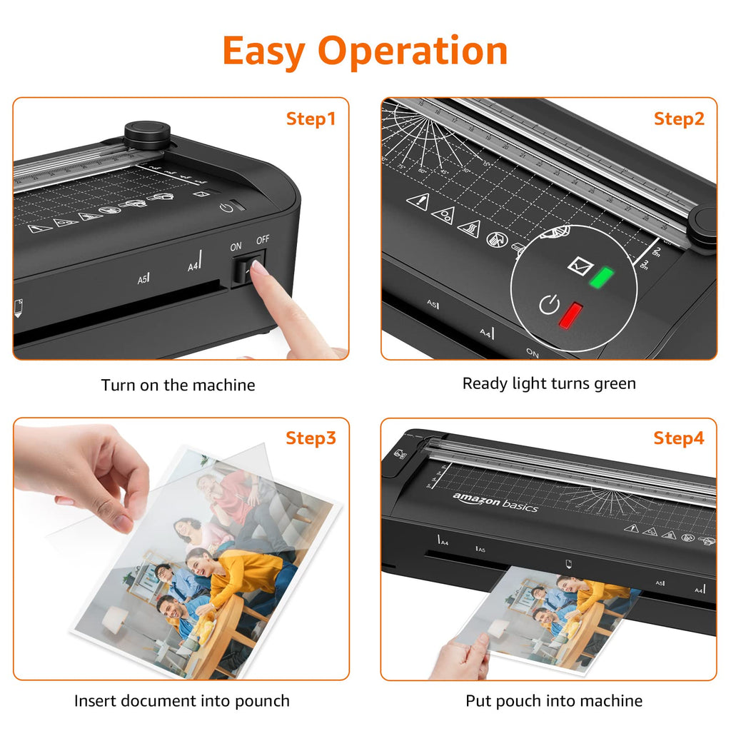 Amazon Basics 3-in-1-Thermolaminiergerät für A4-Größe, mit Funktionen zum Schneiden, Stanzen und Abrunden von Ecken, inkl. 10 Hüllen, EU-Stecker, Schwarz