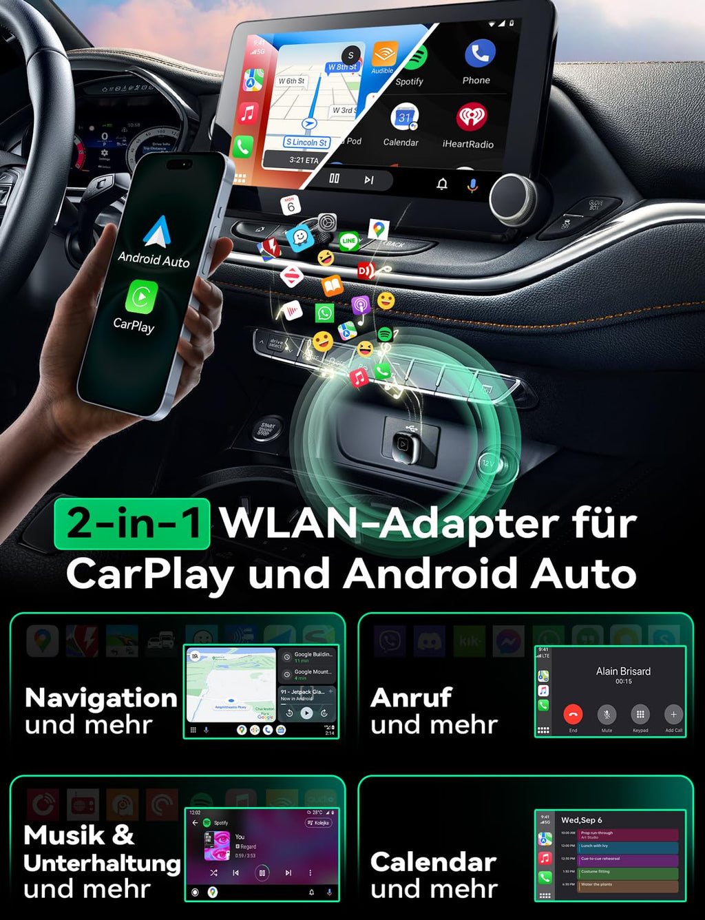Wireless Carplay & Android Auto Adapter, Mavlou Metalldesign Mini & Stabiler 2-in-1-Dongle, Convert Wired CarPlay/Android Auto zu Wireless, für iOS 10+/Android 11+ & Autos ab 2016 (Schwarz)