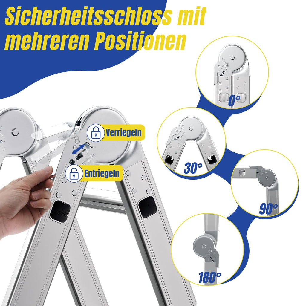 Lospitch 4x3 Mehrzweckleiter, 360cm 7 in 1 Multifunktionsleiter mit 2 plattform, Aluminium Vielzweckleiter mit 2 Transport Rollen bis 150 kg, Arbeitsleiter 12 Stufen, Silber