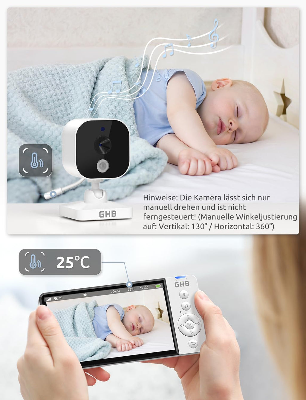 GHB Babyphone mit Kamera 5 Zoll 720P HD 5000mAh IPS-Display VOX-Modus 4X Zoom Nachtsicht Gegensprechen Temperaturanzeige Nicht drehbar